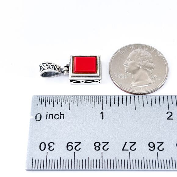 Vintage Sterling Silver 925 Red Enamel Floral Reversible Pendant - Picture 7 of 7